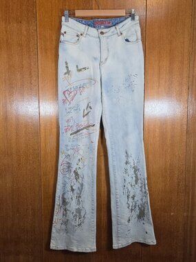 Vintage Parasuco Ergonomic Graffiti Print Flare Jeans - Size 26